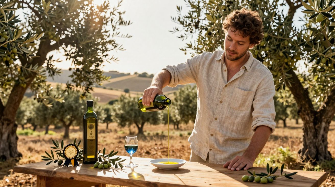 Homem derrama azeite em prato em mesa de madeira em oliveiral ao pôr do sol.