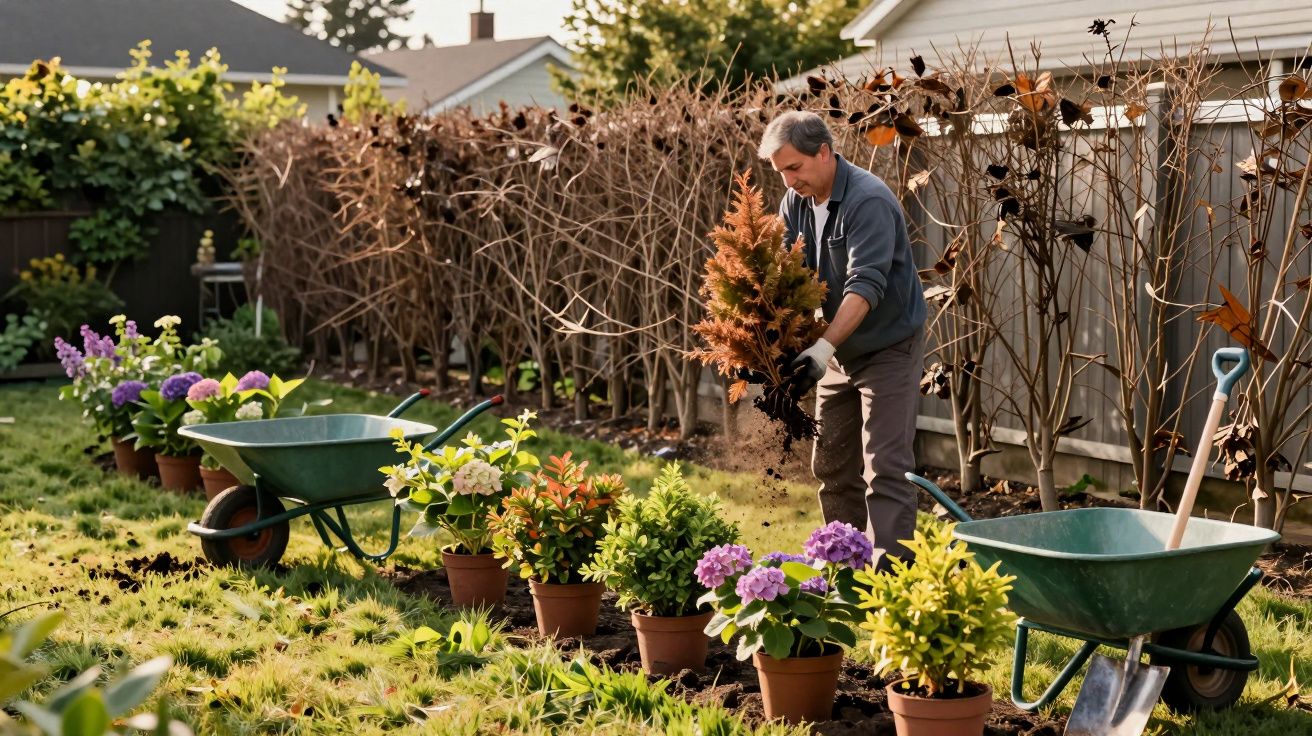 Homem plantando árvore em jardim com vasos de flores e carrinhos de mão ao redor em dia ensolarado.