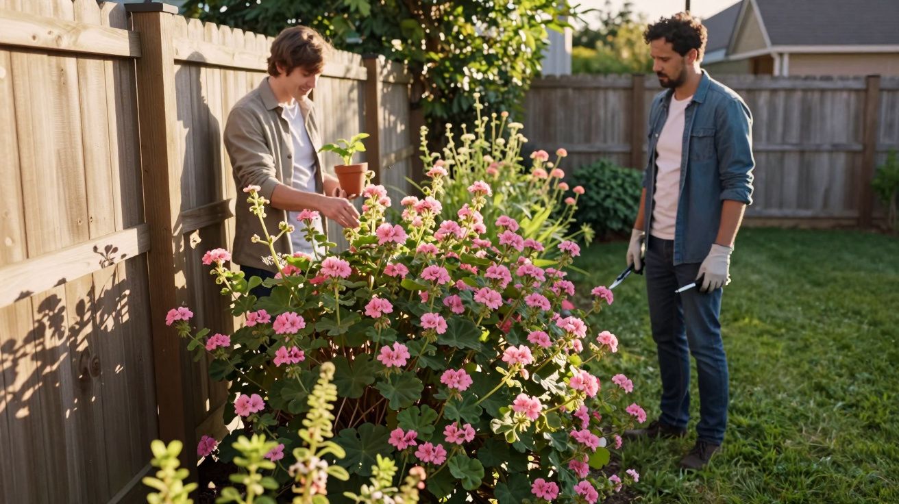 Duas pessoas cuidando de um jardim com muitas flores rosas em um quintal cercado por cerca de madeira.