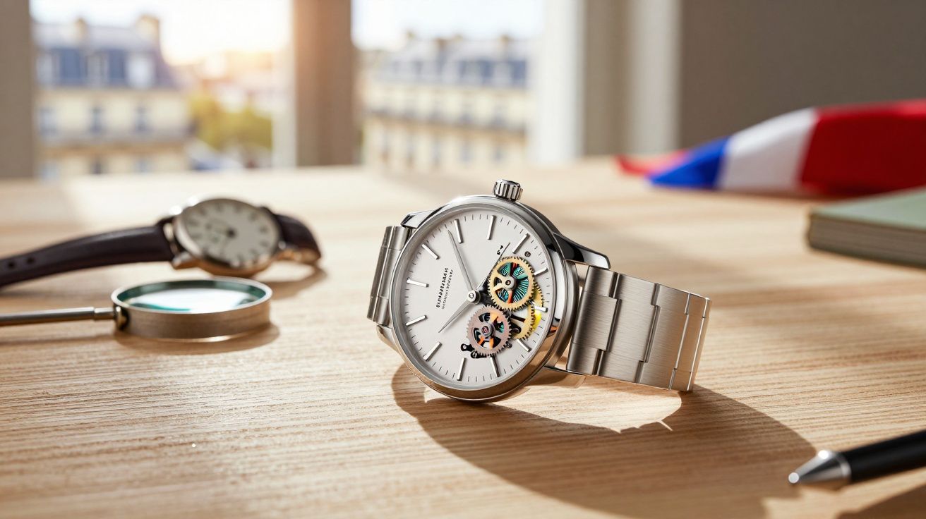 Relógio de pulso prateado com mostrador branco e engrenagens expostas sobre mesa de madeira clara.