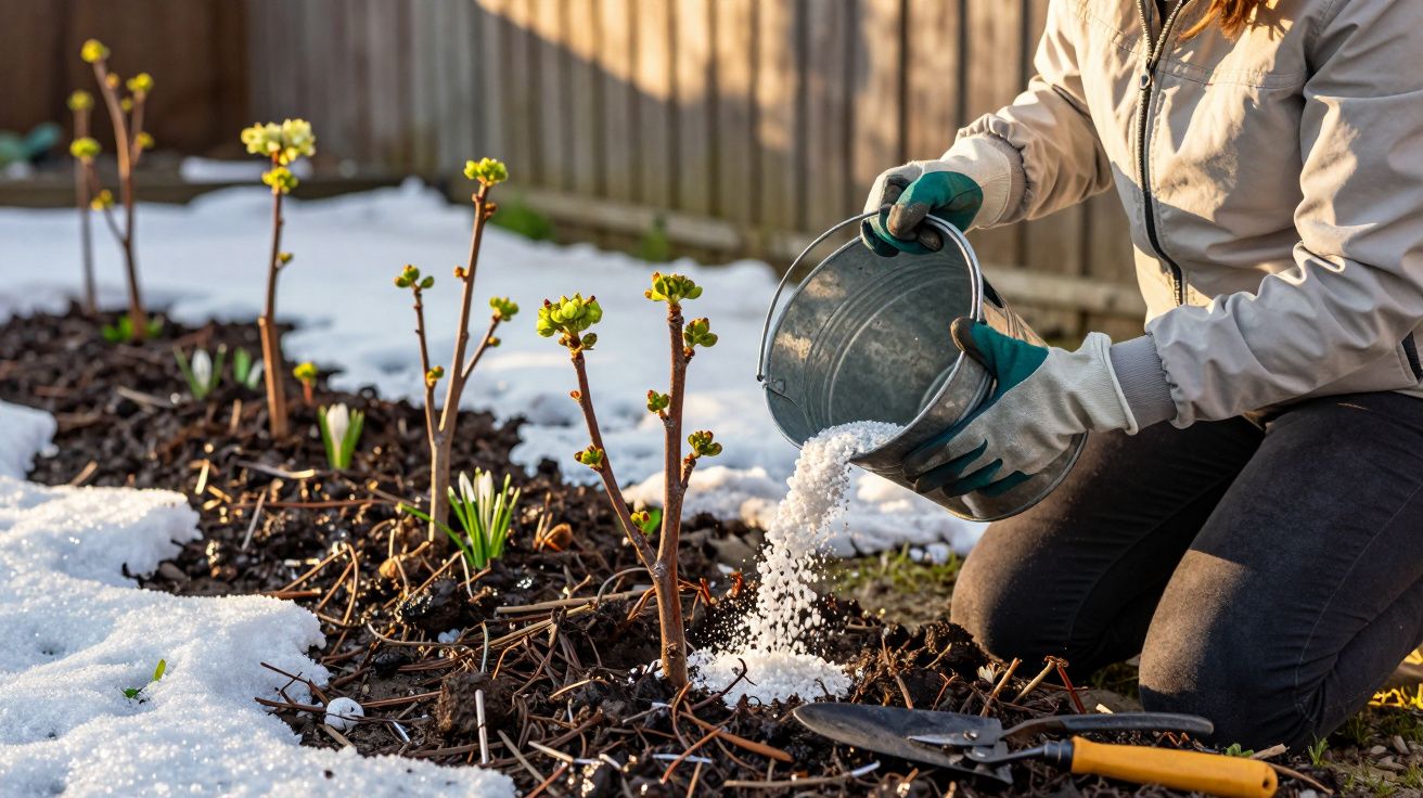 Pessoa usando luvas aplica sal em um jardim com plantas e neve no chão ao entardecer.