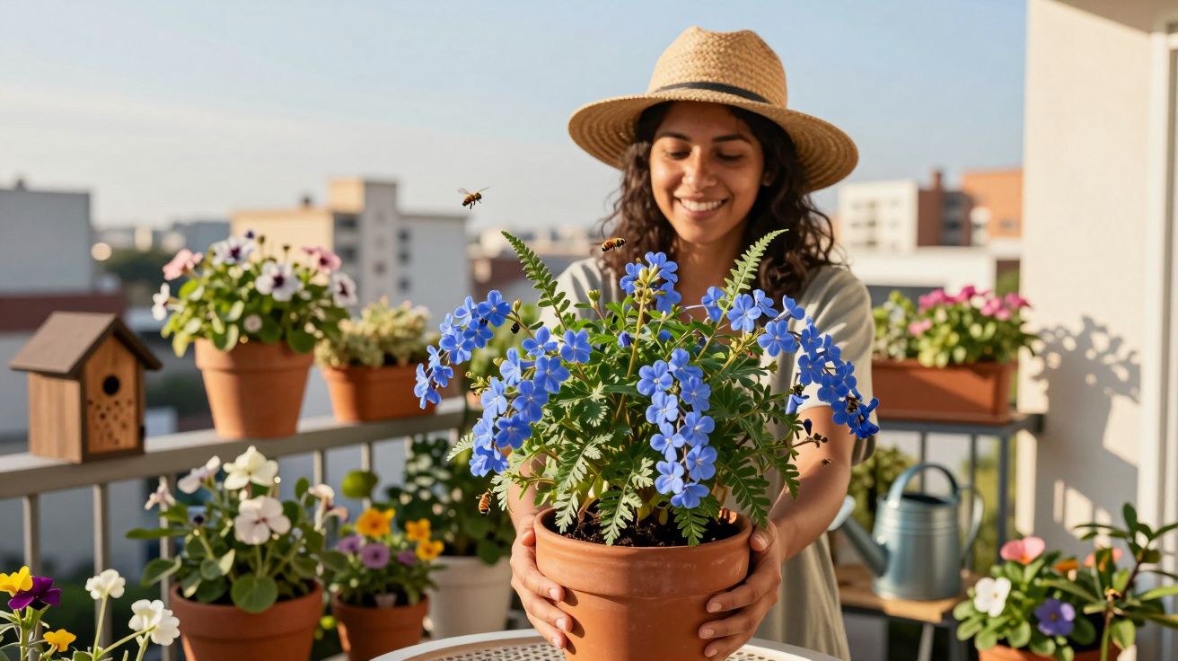 Mulher sorridente cuidando de planta com flores azuis em vaso no varal com várias flores ao fundo.