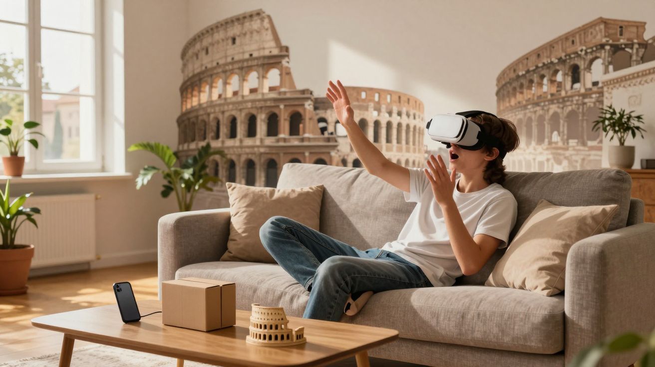 Jovem sentado no sofá usando óculos de realidade virtual, gesticulando com as mãos em sala iluminada.