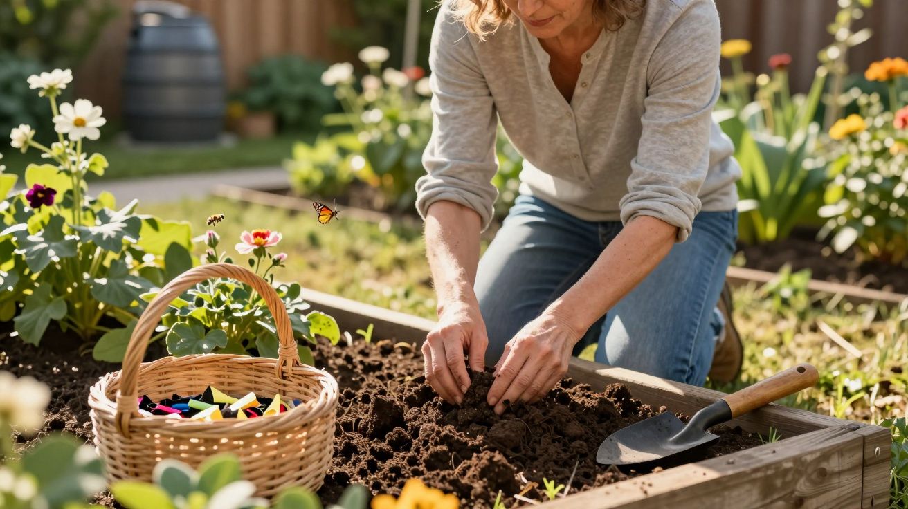 Pessoa plantando mudas em canteiro de madeira cercado por flores e cesta de vime ao lado.