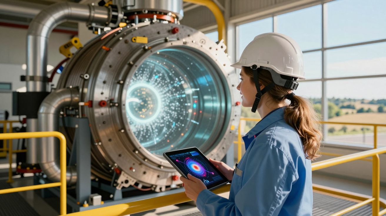 Mulher cientista com capacete branco usando tablet em laboratório com equipamento científico avançado.