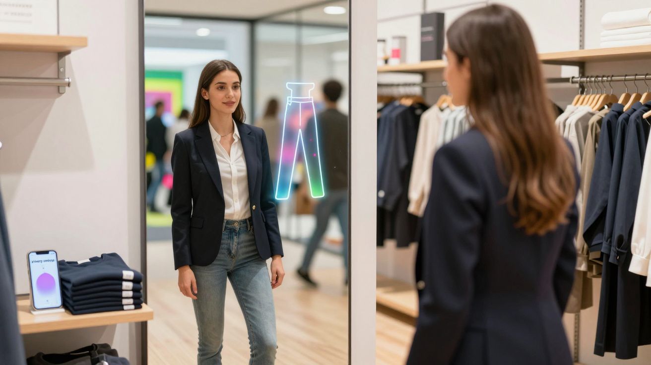 Mulher em loja de roupas olhando para espelho interativo com imagem digital de calça colorida.