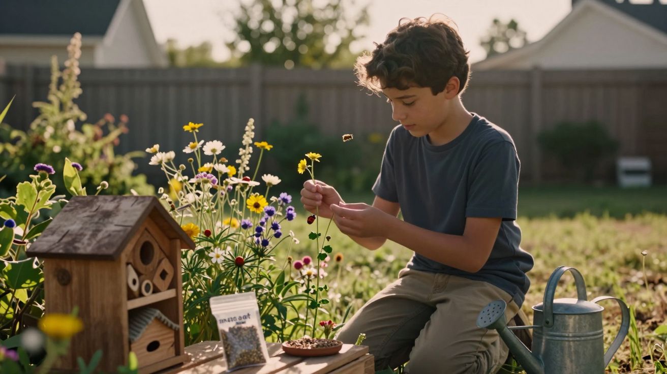 Menino sentado em jardim observando flor amarela com caixa de sementes e regador ao lado durante o dia.