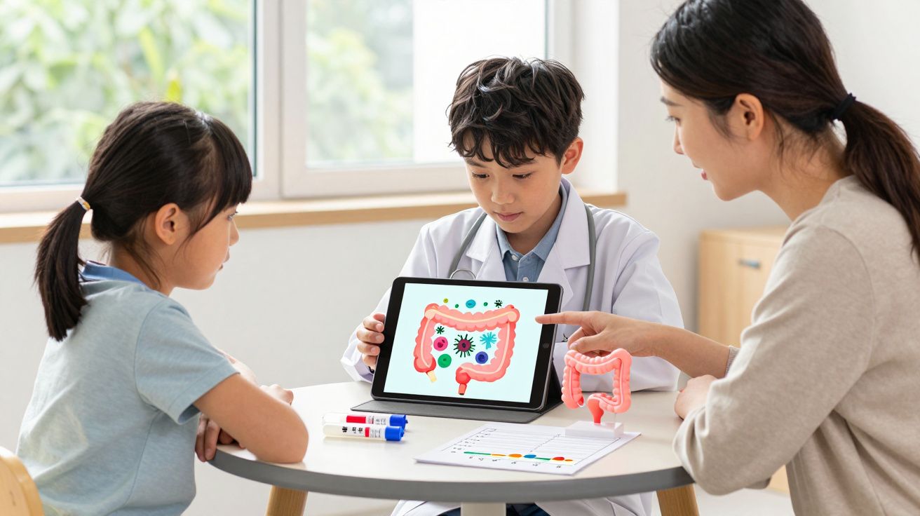 Criança e médica analisam imagem digital do intestino em tablet, demonstrando saúde intestinal com modelo anatômico.