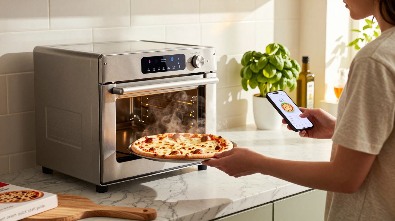 Pessoa retirando pizza quente do forno elétrico usando controle por aplicativo no celular na cozinha.
