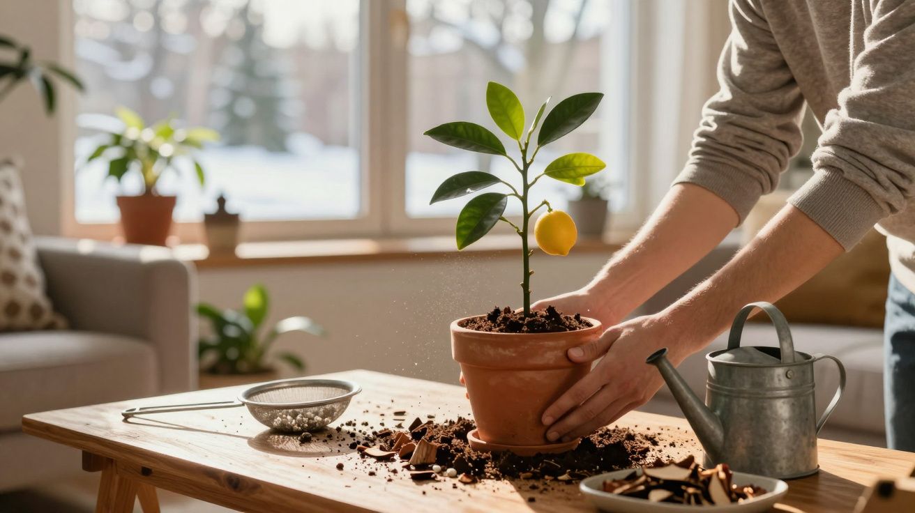 Pessoa cuidando de planta em vaso com limão em mesa de madeira em ambiente iluminado por luz natural.
