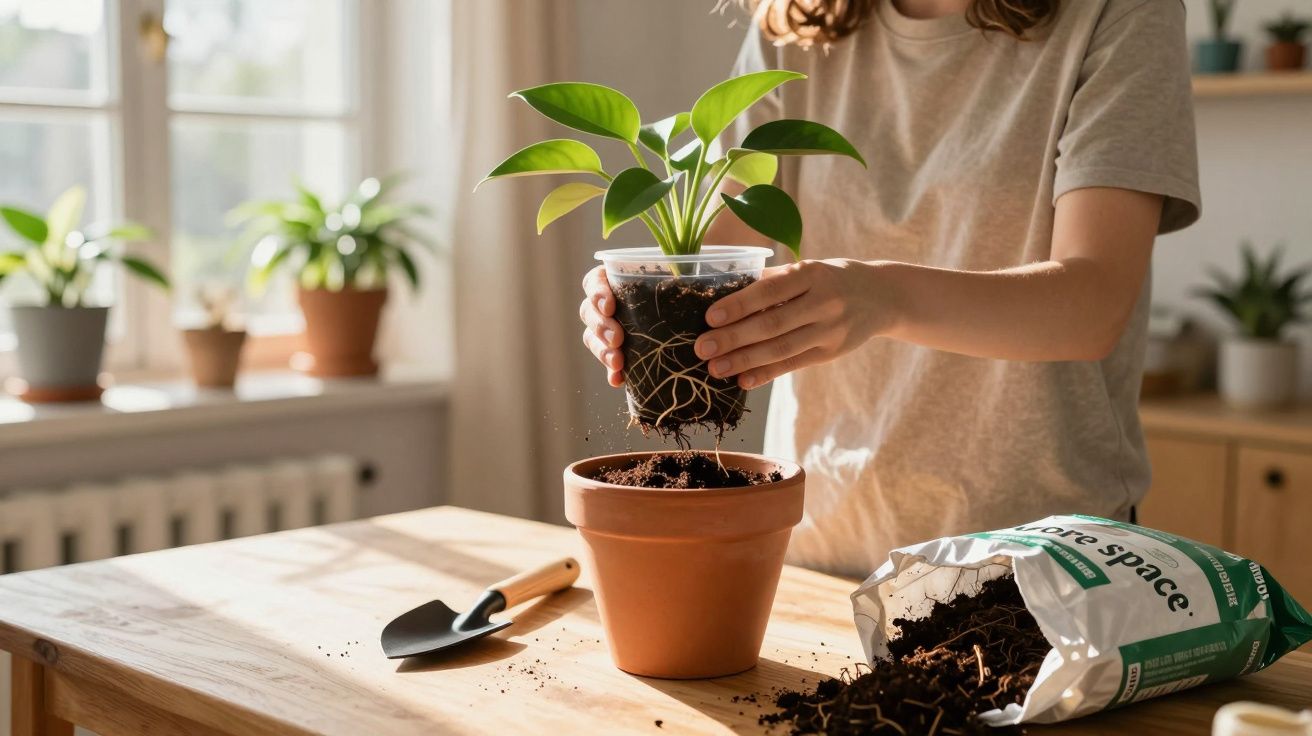 Pessoa transplantando muda de planta para vaso de barro em ambiente interno iluminado.