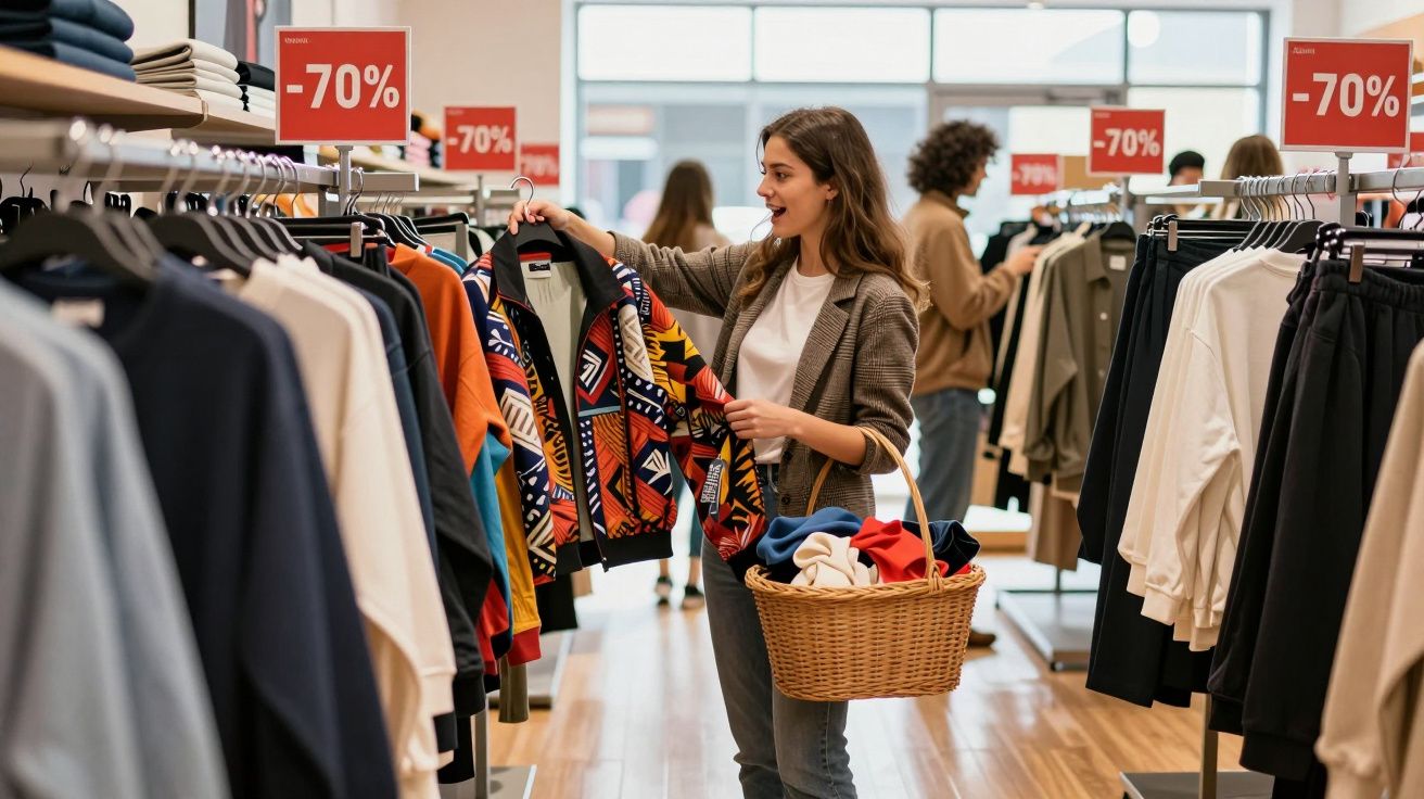 Mulher feliz segurando casaco colorido em loja de roupas com descontos de 70%.