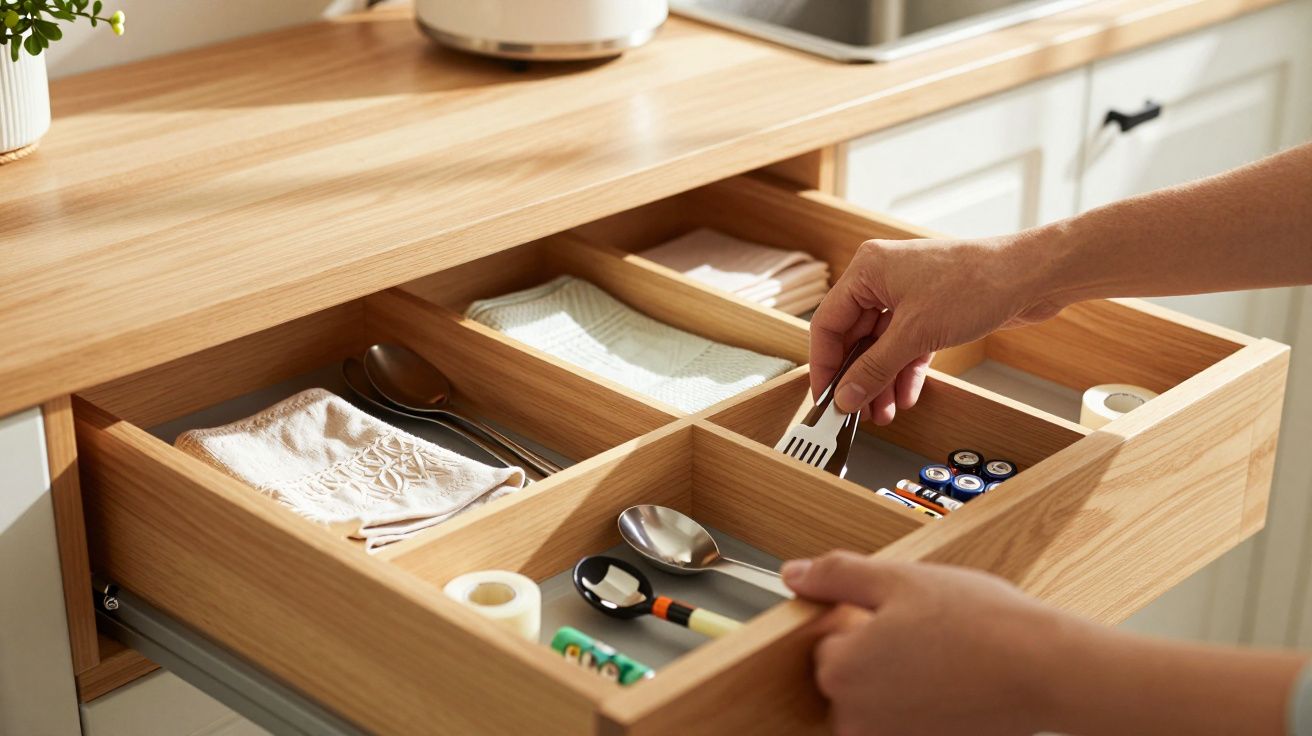 Mão alcançando garfo dentro de gaveta de madeira organizada com talheres, pilhas e objetos pequenos.