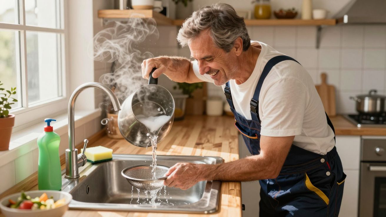 Homem sorridente coando água quente em uma cozinha moderna e iluminada pelo sol.