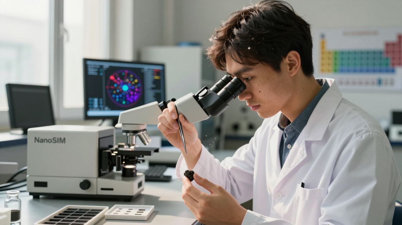 Jovem cientista em laboratório usando microscópio para analisar amostra, com computador ao fundo.