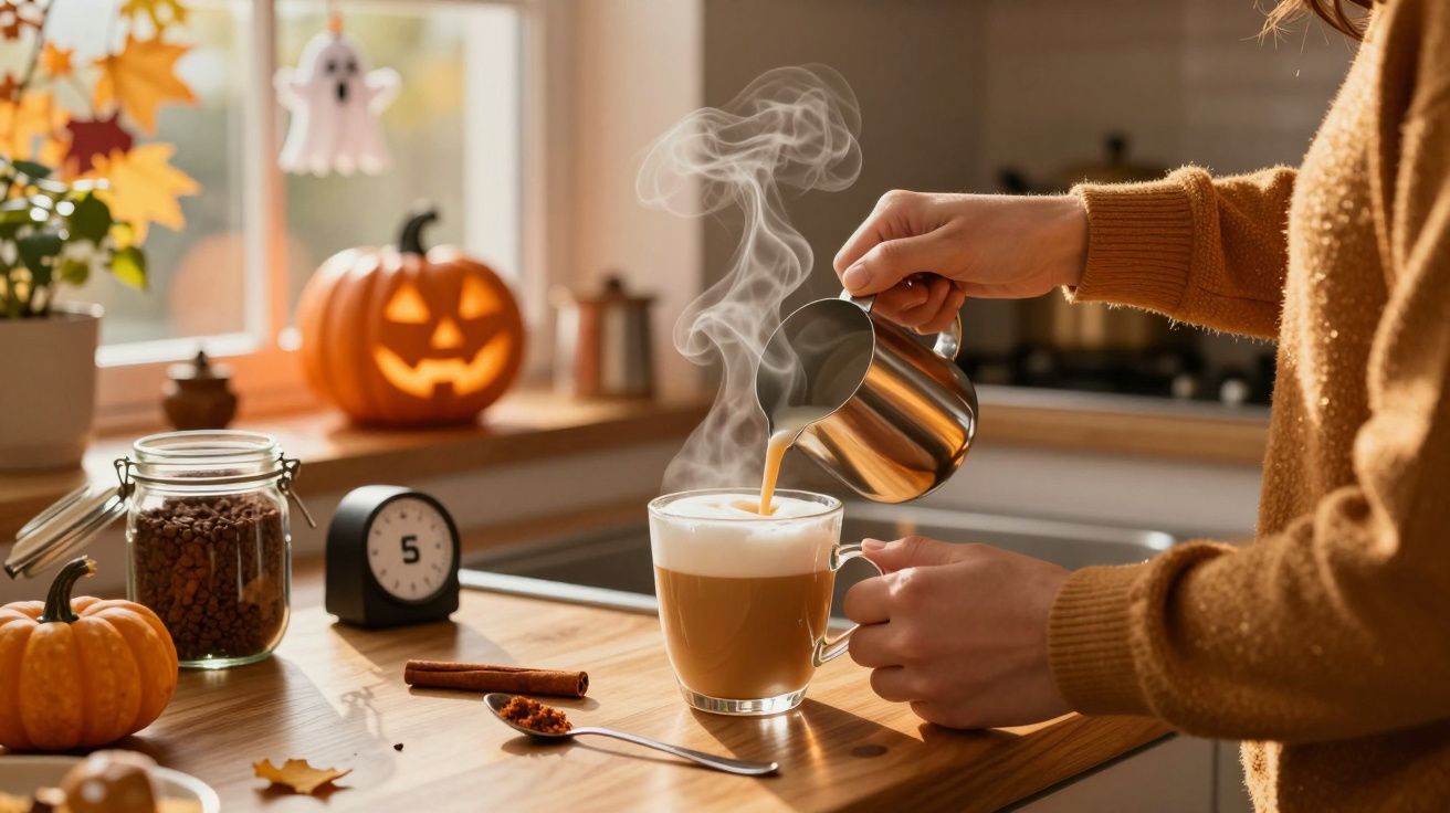 Pessoa servindo café com leite em xícara transparente em cozinha decorada para Halloween.