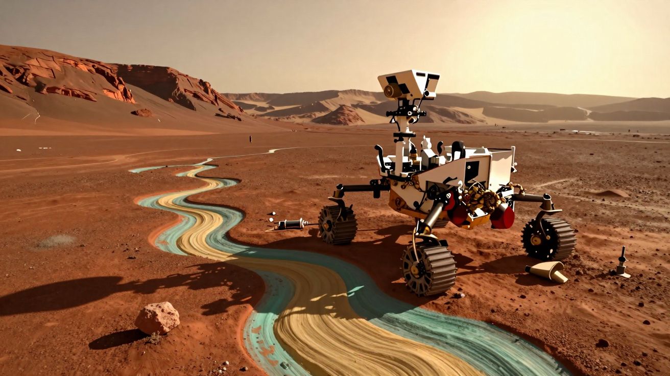 Rover exploratório em terreno árido vermelho, próximo a um rio colorido em área montanhosa.