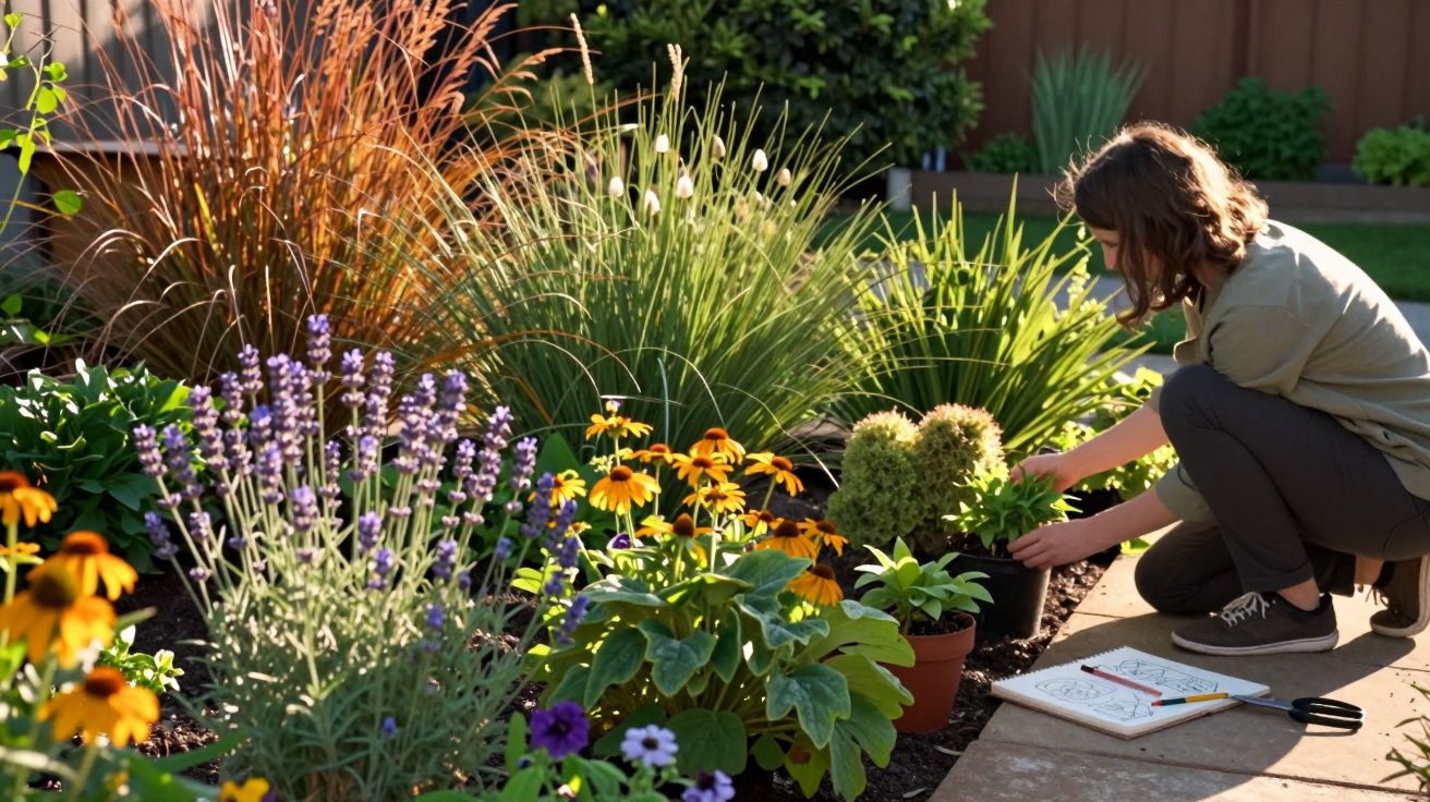 Pessoa cuidando de plantas em jardim com flores coloridas e cadernos ao lado durante o dia.