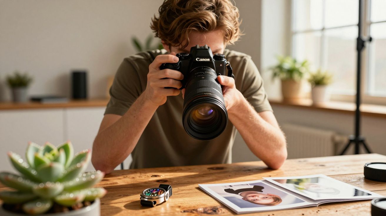 Fotógrafo tirando foto de retrato impresso com câmera profissional em mesa de madeira.