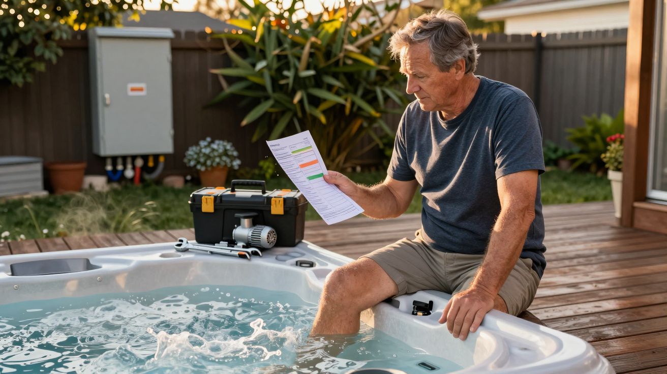 Homem sentado na borda de uma hidromassagem, segurando um papel e planejando manutenção.