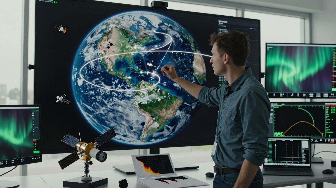 Homem interage com tela mostrando rotas de satélites e dados da Terra em ambiente tecnológico.