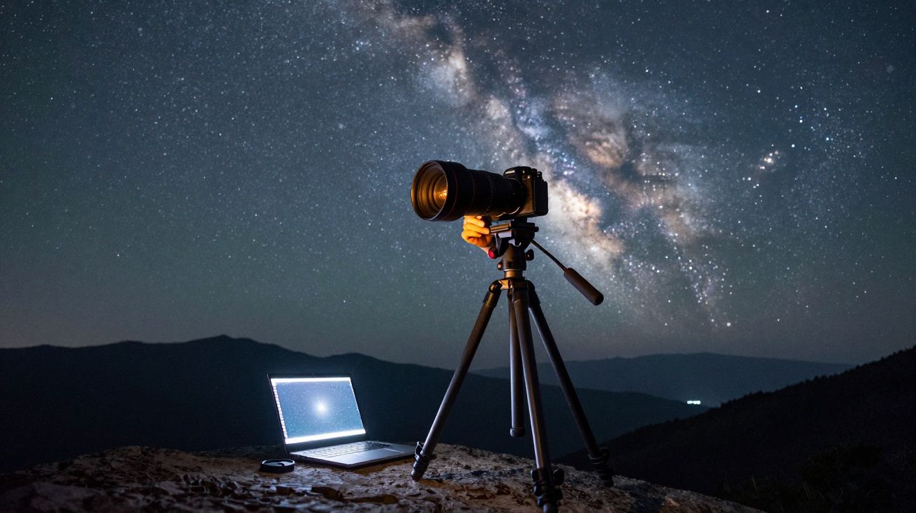 Câmera em tripé e notebook capturam a Via Láctea em noite clara nas montanhas.