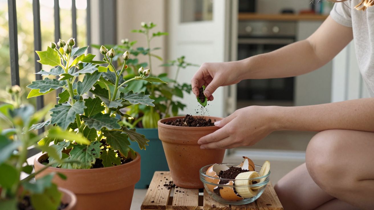 Pessoa plantando mudas em vaso com terra usando restos orgânicos para compostagem em ambiente interno.