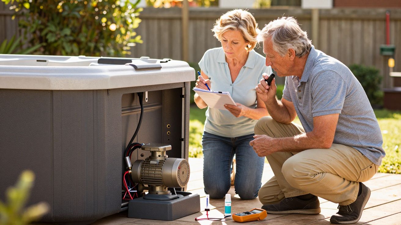 Homem e mulher inspeccionam a bomba de uma banheira de hidromassagem no quintal ensolarado.