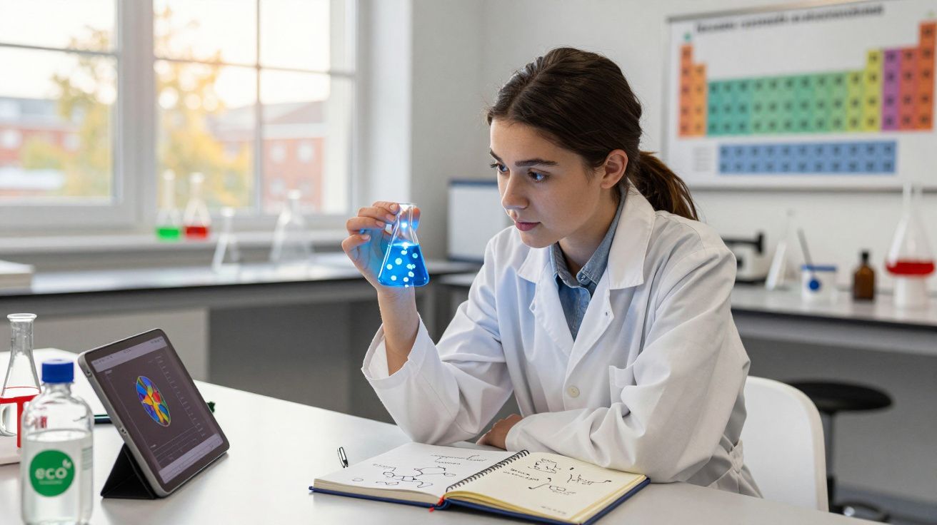 Jovem cientista observa solução azul em laboratório com livro aberto e tablet na mesa.