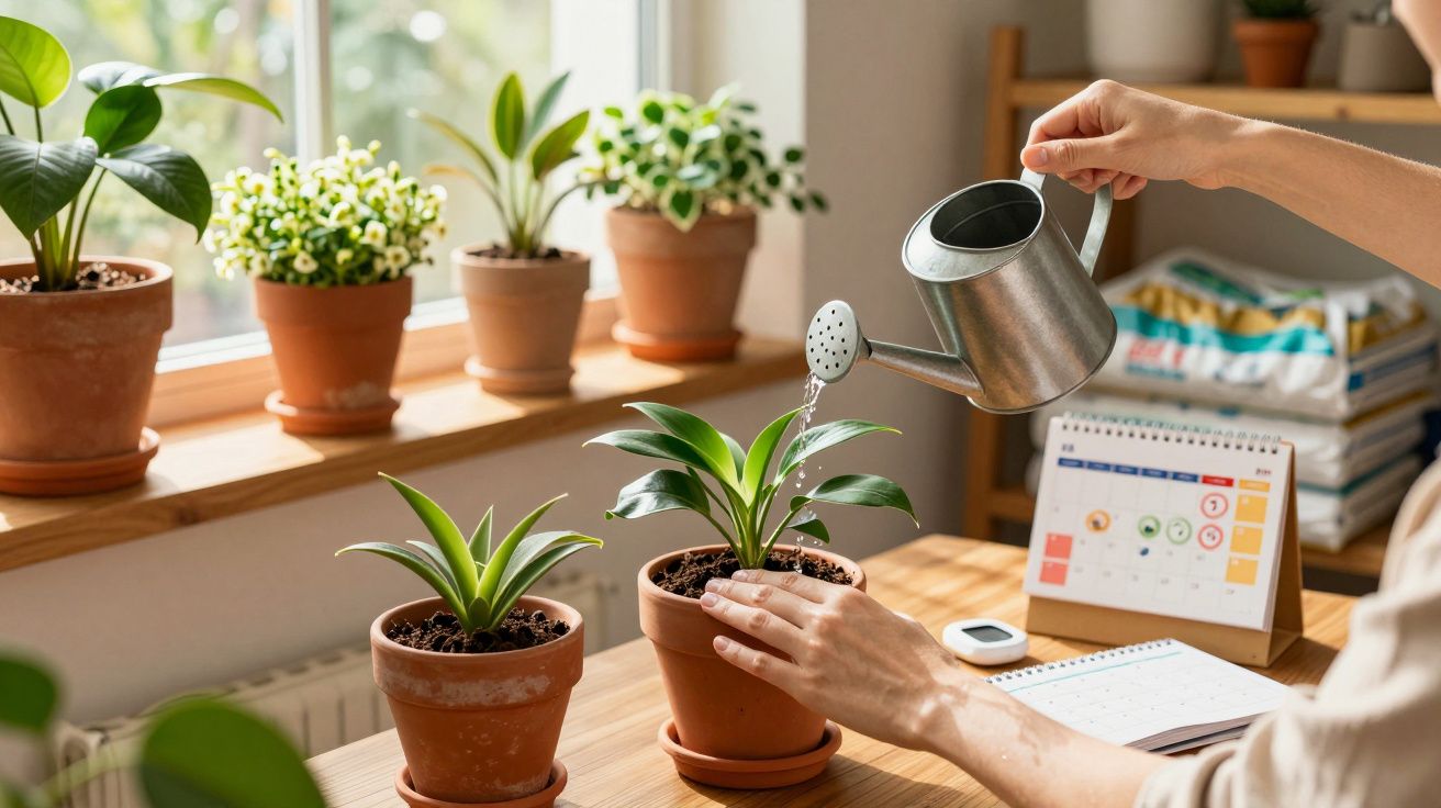 Pessoa regando plantas em vasos de cerâmica sobre mesa perto de janela com luz natural.
