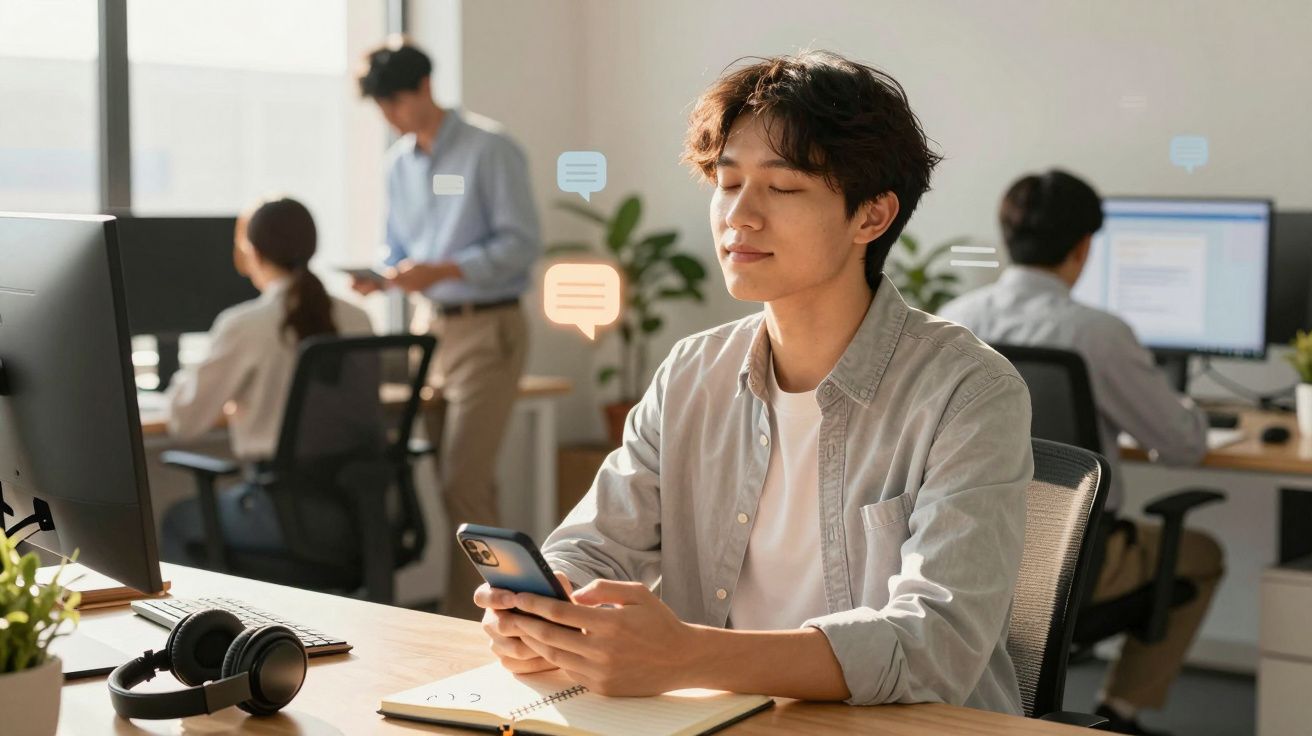 Homem jovem em escritório moderno usando smartphone com expressão serena, colegas ao fundo trabalhando.