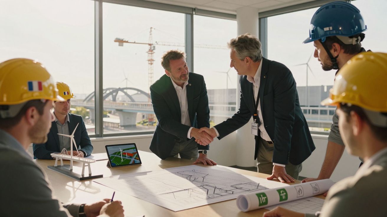 Engenheiros em reunião com capacetes discutem projetos de energia renovável em escritório com janelas amplas.
