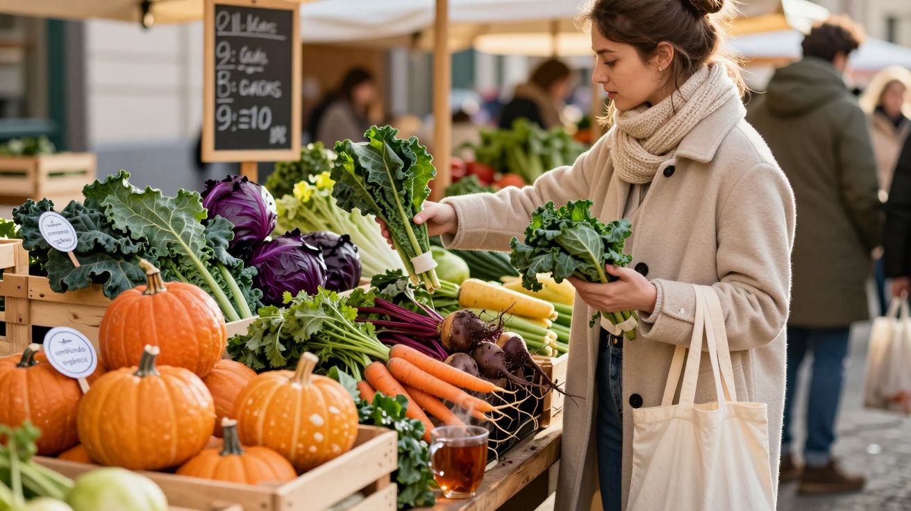 Mulher com casaco e cachecol escolhe verduras frescas em feira ao ar livre com abóboras e legumes.