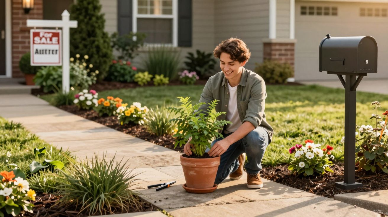 Pessoa sorridente cuidando de planta em vaso na calçada de casa com placa de venda ao fundo.