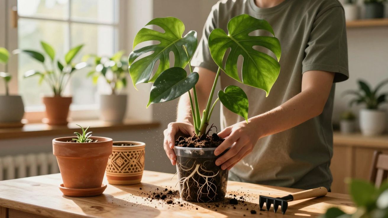 Pessoa transplantando planta Monstera em vaso transparente sobre mesa de madeira com terra espalhada.