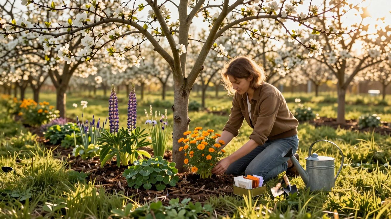 Mulher cuidando de flores laranjas em jardim com árvores floridas ao fundo em dia ensolarado.
