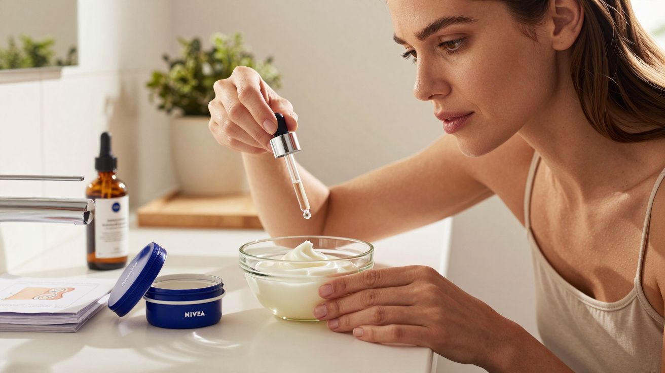 Mulher aplicando sérum com conta-gotas em creme facial em recipiente de vidro na bancada do banheiro.