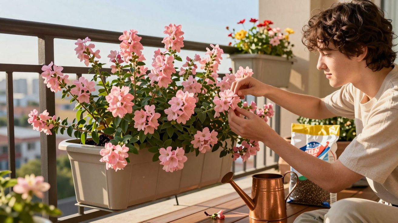 Pessoa cuidando de flores cor-de-rosa em vaso sobre varanda ensolarada com regador e saco de terra.
