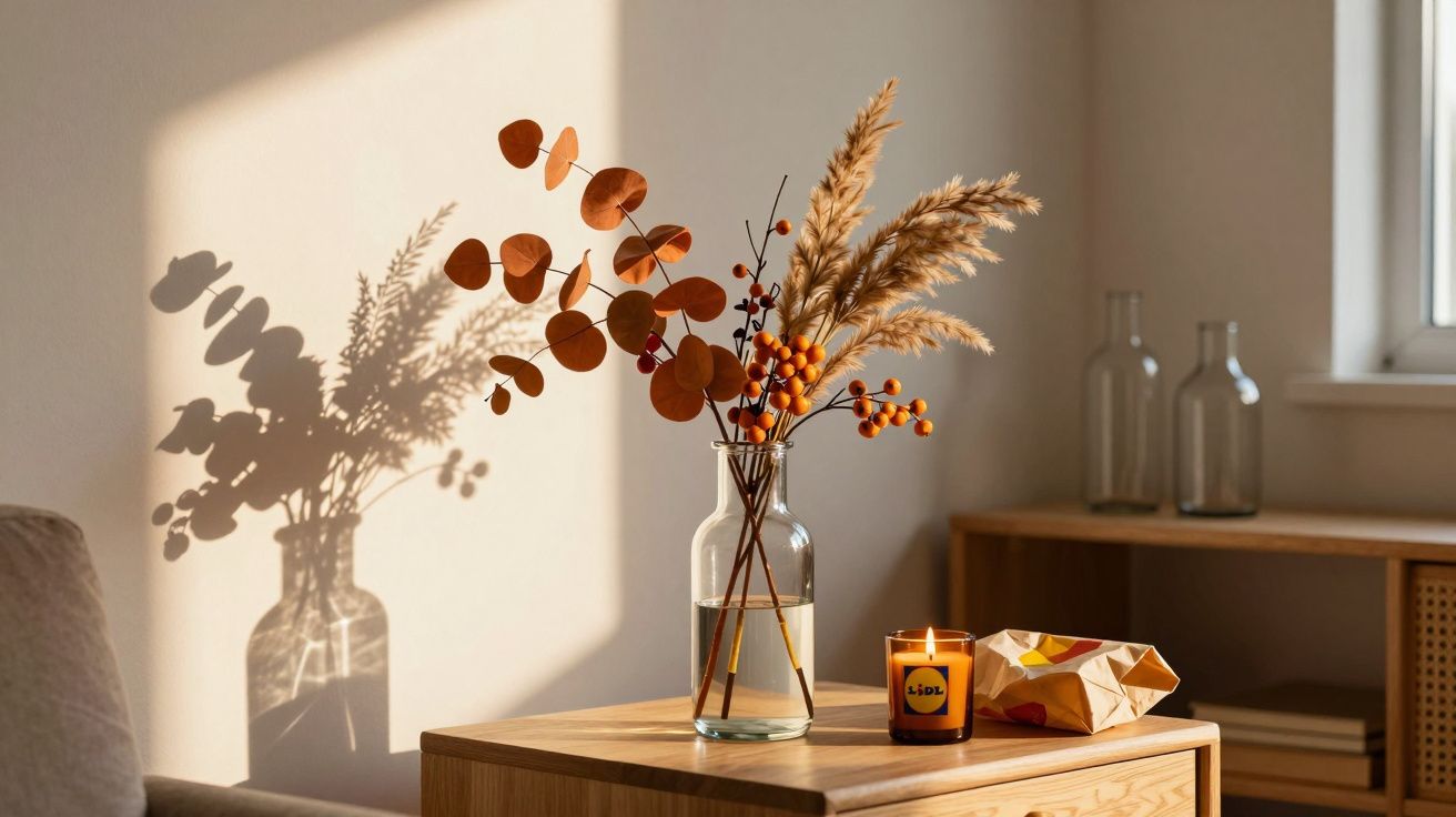 Vaso com folhagens secas sobre mesa de madeira iluminada por luz solar com vela acesa e pacote.
