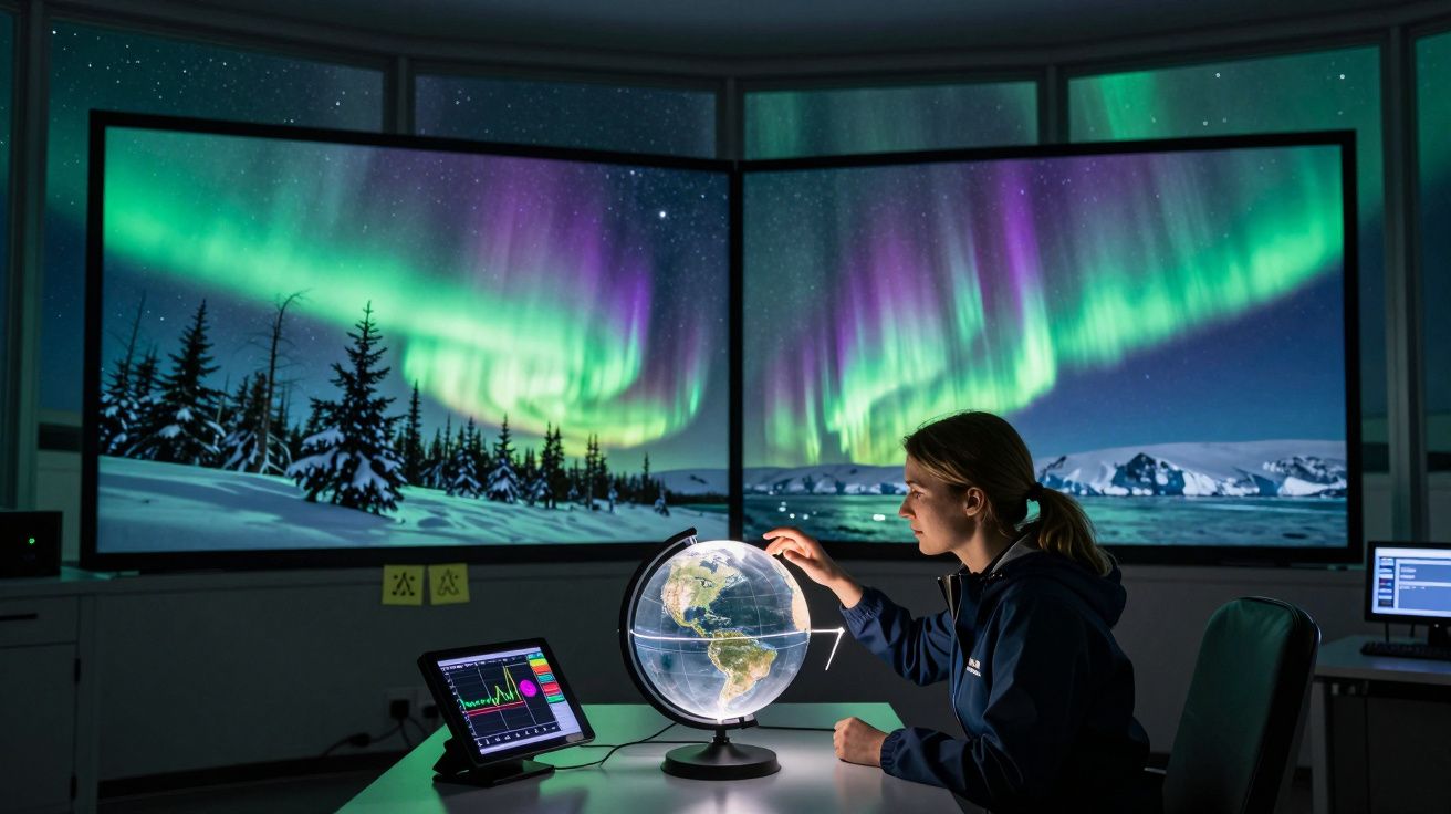 Mulher observa globo terrestre em sala com telas mostrando aurora boreal e paisagem nevada.