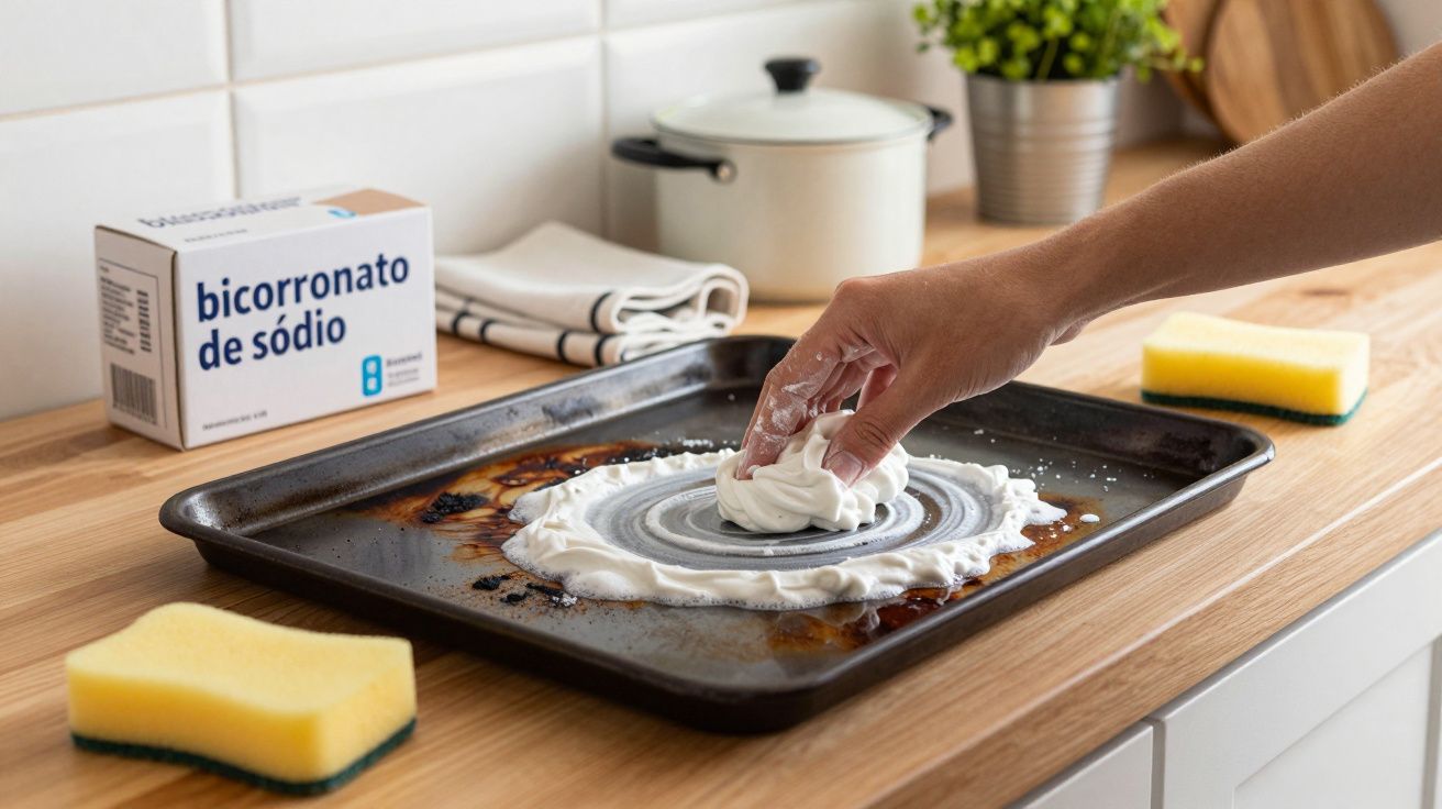 Mão limpando forma de metal com bicarbonato de sódio e esponja na bancada da cozinha.