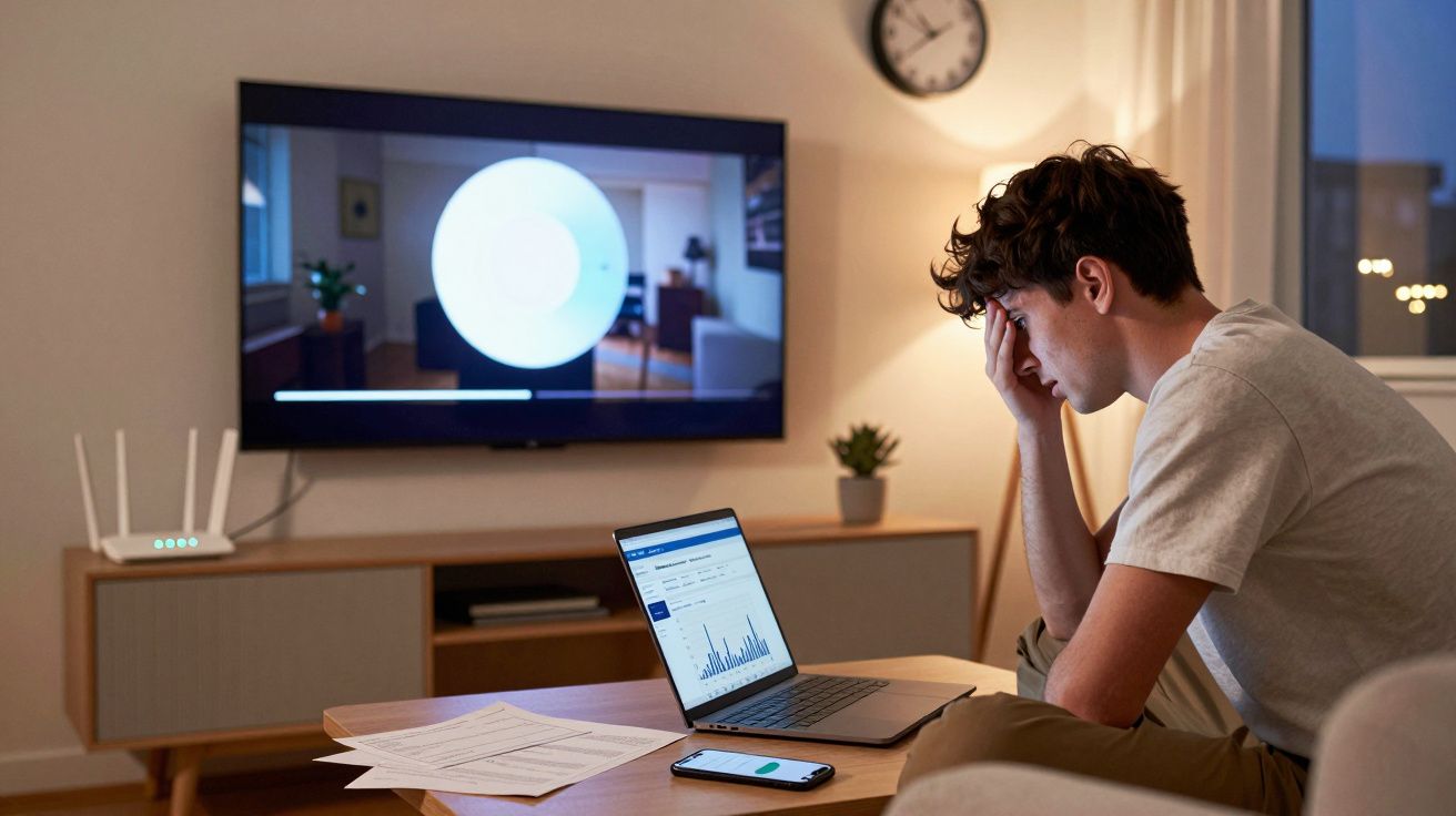 Jovem preocupado analisa gráficos em laptop na sala à noite, com documentos e celular na mesa.