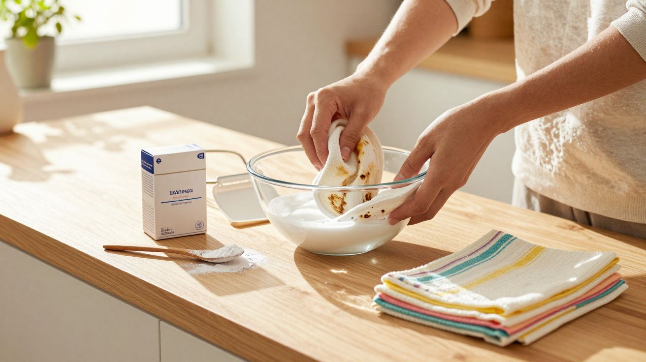 Pessoa usando bicarbonato de sódio para limpar uma peça de roupa branca em uma tigela transparente.