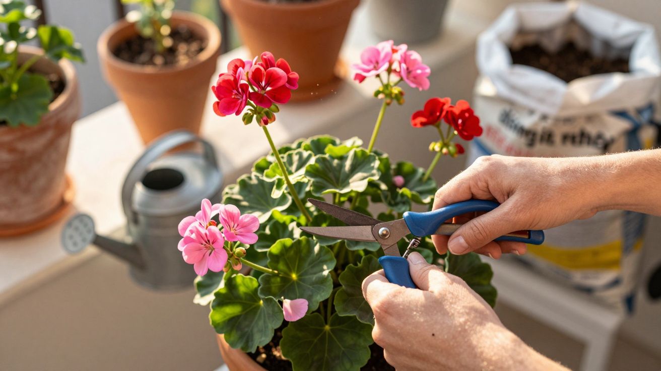 Pessoa podando flores de gerânio rosa e vermelho em vaso, com regador e terra ao fundo.