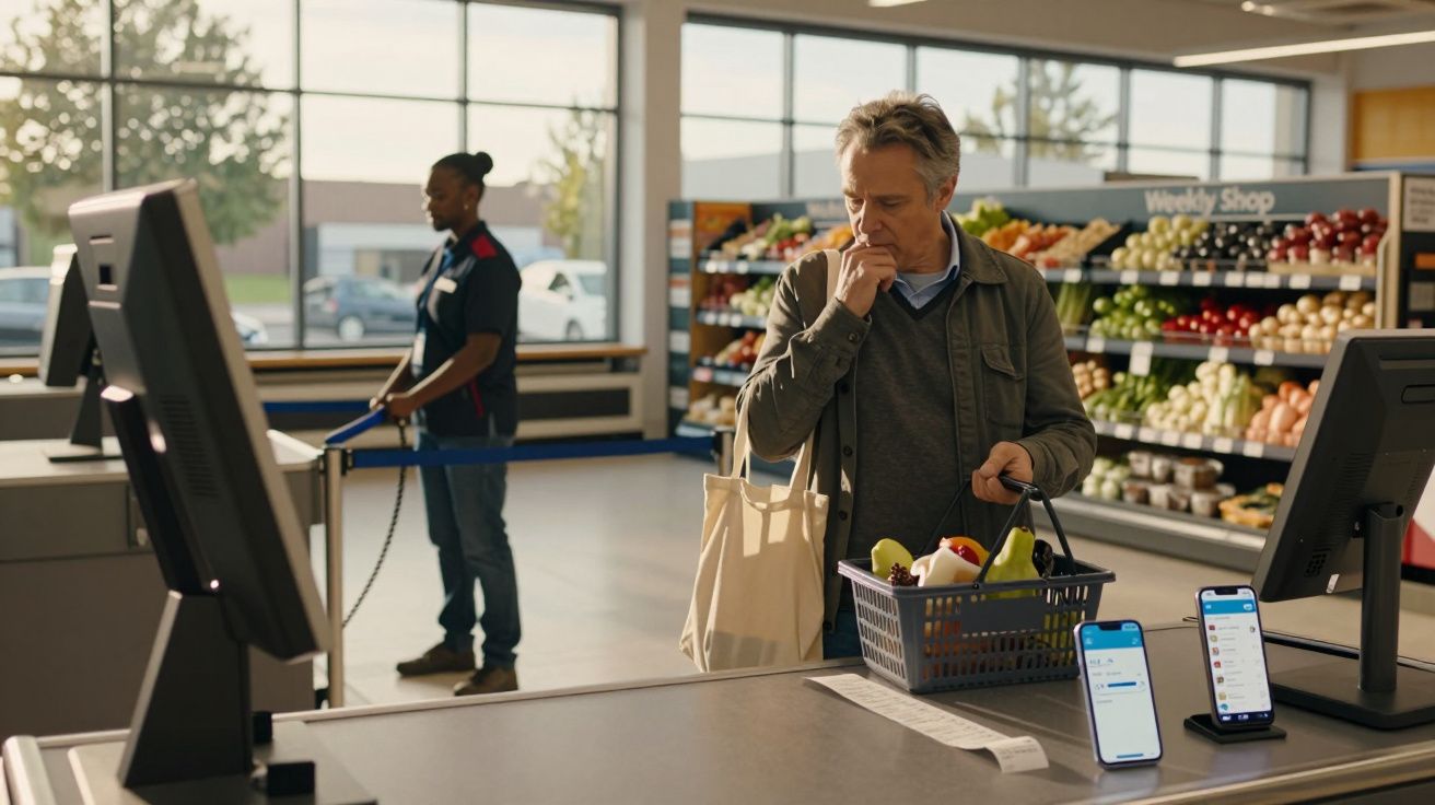 Homem em supermercado escolhe produtos para pagamento com smartphone em autoatendimento.