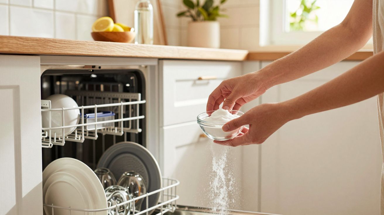 Pessoa segurando um pote com pó branco ao lado de máquina de lavar louça aberta em cozinha clara.