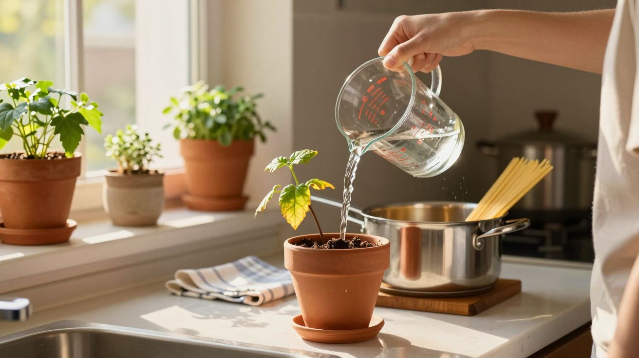 Pessoa regando planta em vaso de barro na cozinha, com panela e macarrão ao fundo e plantas na janela.