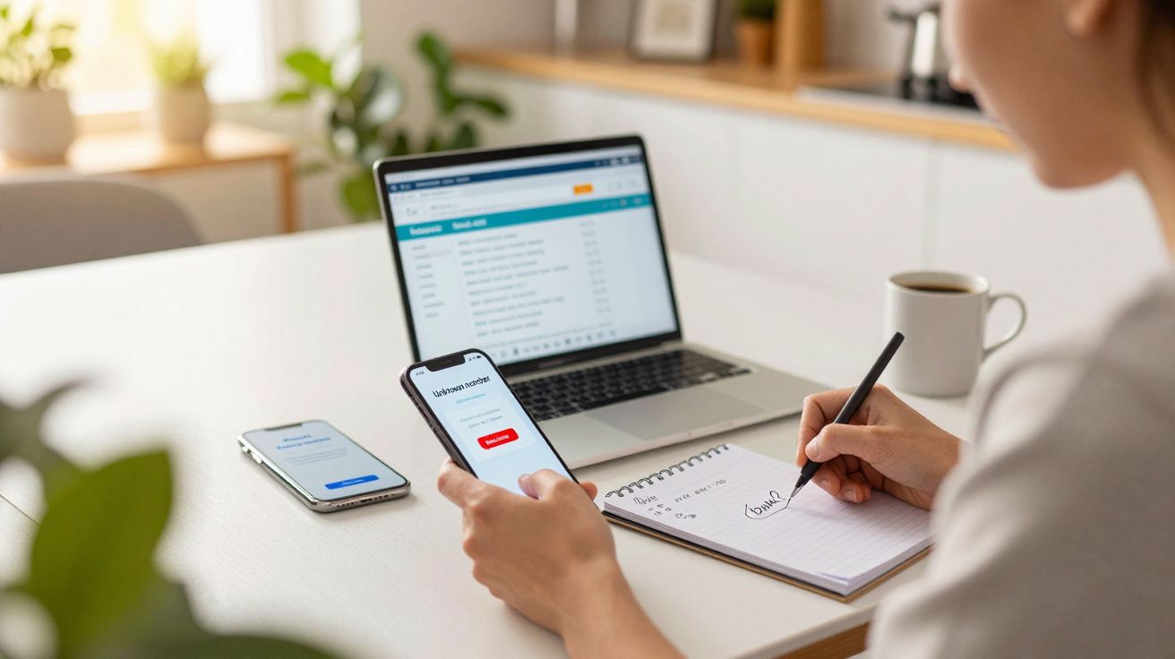Pessoa usando celular e laptop para trabalhar, anotando em caderno em mesa branca com xícara de café.