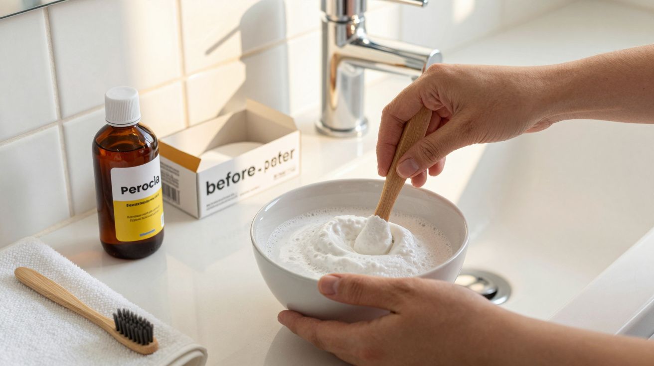 Mãos mexendo espuma branca em tigela, frasco de Peróxido e escova de dentes em bancada de pia.