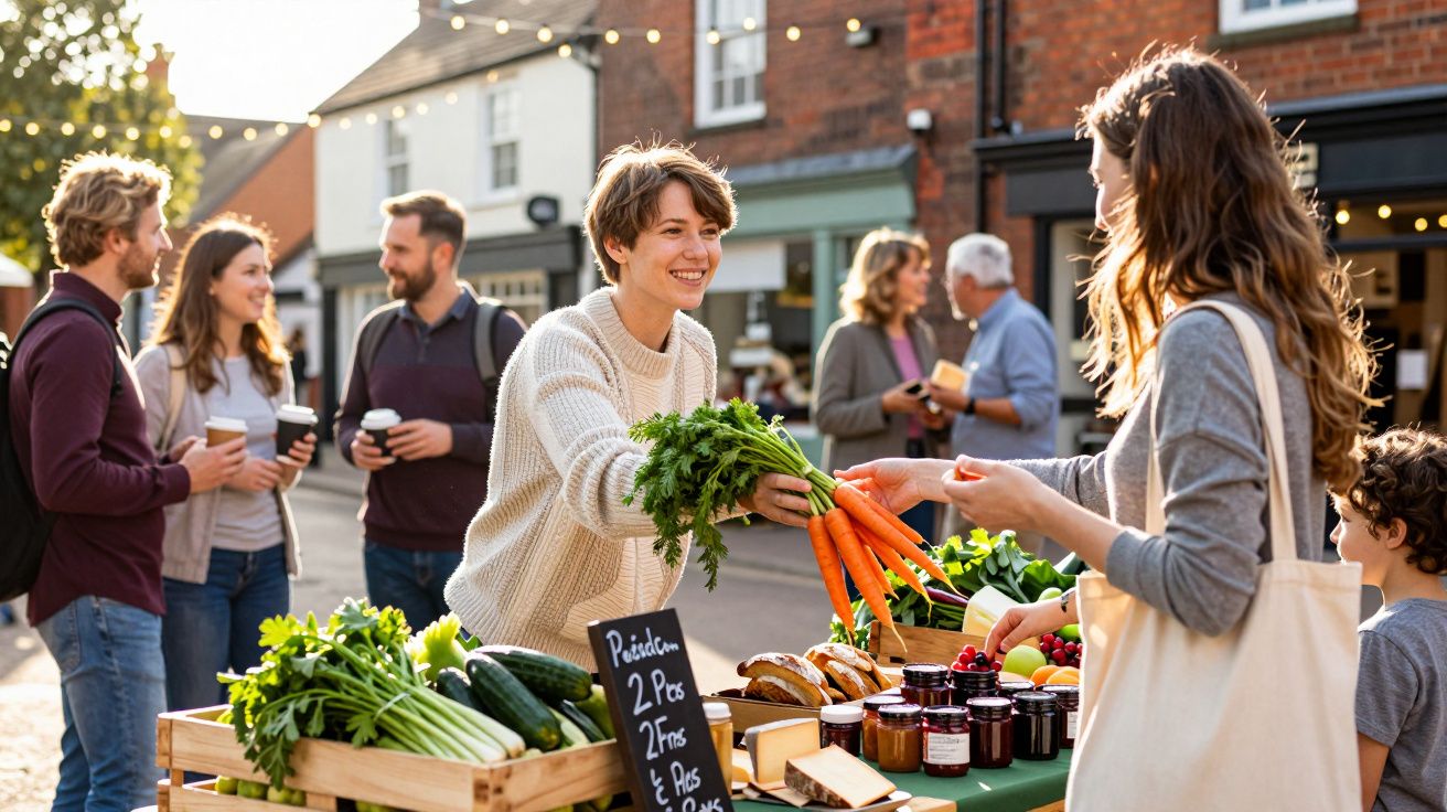 Feirante entrega cenouras a cliente em mercado ao ar livre com pessoas ao fundo conversando.